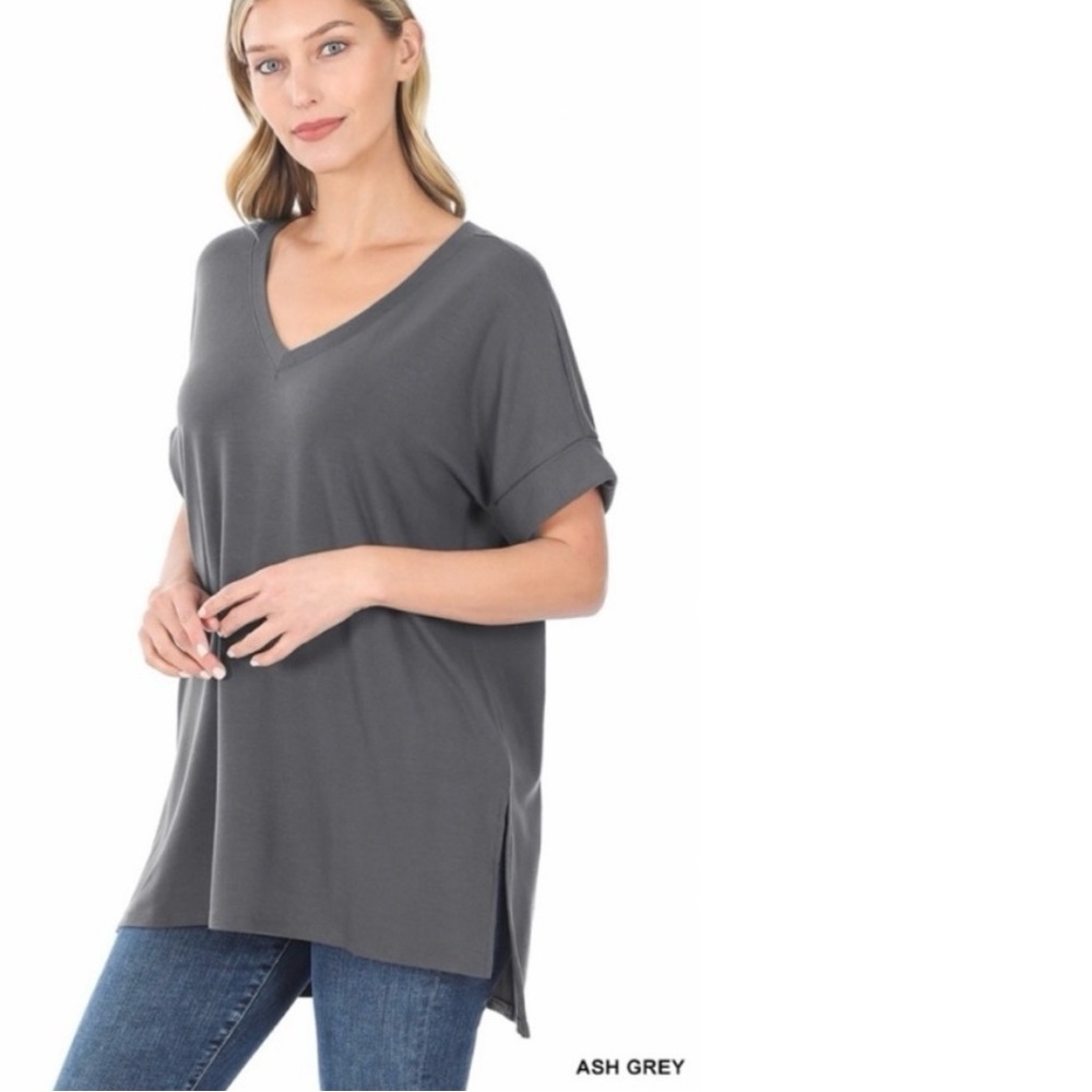 🔥🆕 Ash Grey Rolled Short Sleeved V Neck Top with Side Slit High Low Hem